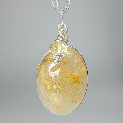 Colgante De Cuarzo Rutilo, Cuarzo Ahumado Y Cuarzo Amatista Horneado en Cabuchón Oval de 20 mm1