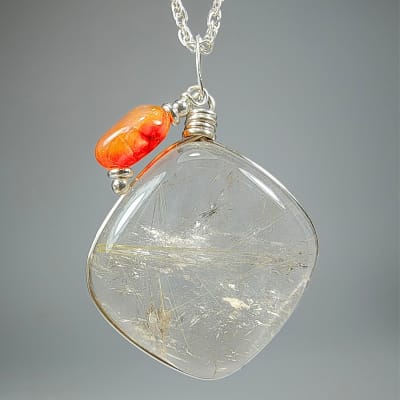 Colgante De Cuarzo Rutilo, Cuarzo Ahumado Y Ágata Cornalina en Cabuchón Cuadrado de 29 mm