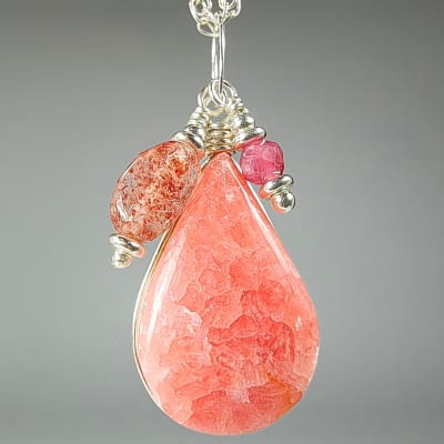 Colgante De Rodocrosita Rosa, Turmalina Rosa Y Cuarzo Fresa en Cabuchón Gota de 20 mm