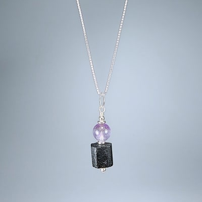 Colgante De Turmalina Negra Y Cuarzo Amatista en Trozo y Perla1