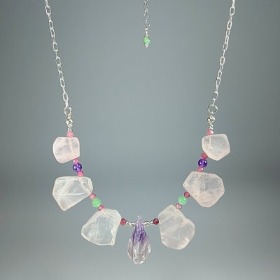 Collar Cuerpo De Cuarzo Rosa, Cuarzo Amatista Lila Y Crisoprasa de 46 cm
