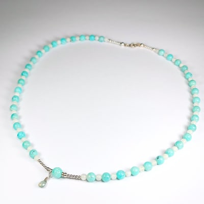 Collar De Amazonita Calipso, Piedra Luna Blanca Con Destello Azul Y Aguamarina de 48 cm