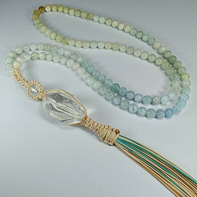 Japamala De Aguamarina Celeste, Aguamarina Verde Y Cuarzo Cristal