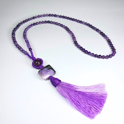 Japamala De Cuarzo Amatista Violeta, Charoíta Y Fluorita Violeta