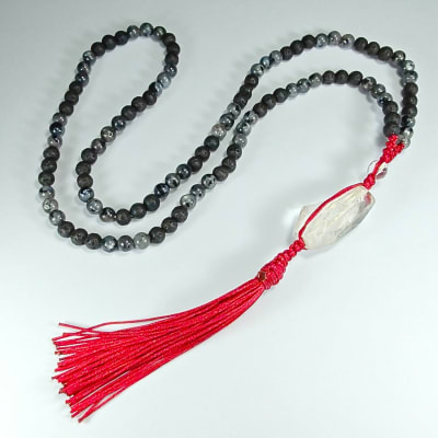 Japamala De Larvikita, Piedra Volcánica Y Cuarzo Cristal