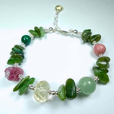 Pulsera Con Broche De Nefrita, Cuarzo Limón Y Turmalina Rosa