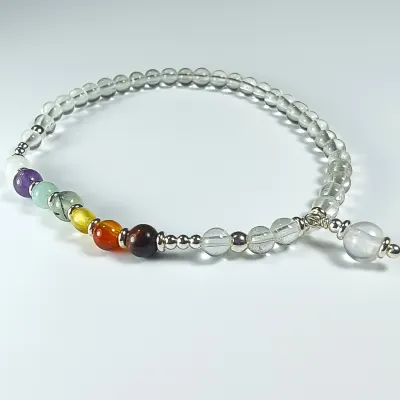 Pulsera De 7 Chakras, Cuarzo Cristal Transparente Y Cuarzo Amatista en Perlas de 4 mm