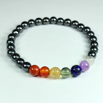 Pulsera De 7 Chakras, Hematite Y Cuarzo Blanco en Perlas de 6 mm1