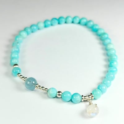 Pulsera De Amazonita Calipso, Aguamarina Y Piedra Luna Blanca Con Destello Azul en Perlas desde 4 mm