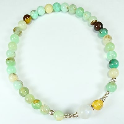 Pulsera De Crisoprasa, Piedra Luna Blanca Con Destello Azul Y Ámbar Mexicano en Perlas desde 4 mm