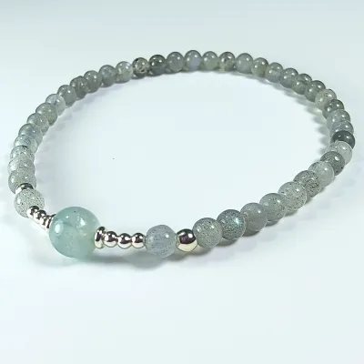 Pulsera De Labradorita Gris Y Aguamarina en Perlas de 4 mm