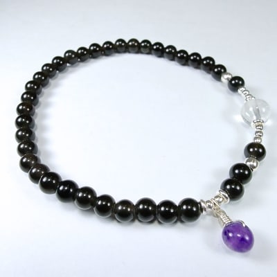 Pulsera De Obsidiana Con Destellos Plateados, Cuarzo Cristal Y Cuarzo Amatista en Perlas desde 4 mm