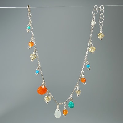 Pulsera Dijes De Piedra Luna Blanca Con Destello Azul, Turquesa Y Cornalina Naranja1