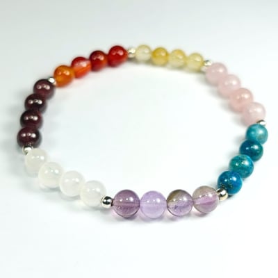 Pulsera Intercalada De 7 Chakras, Kunzita Rosa Y Apatita Azul en Perlas de 6 mm