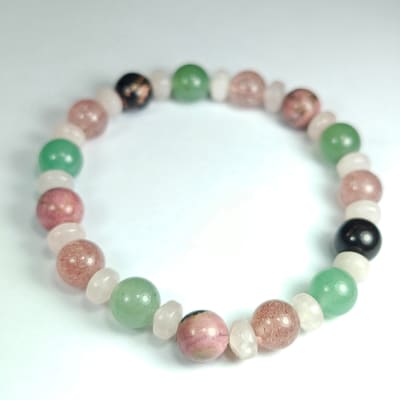 Pulsera Intercalada De Aventurina Verde, Cuarzo Fresa Y Cuarzo Rosa en Perlas de 8 mm
