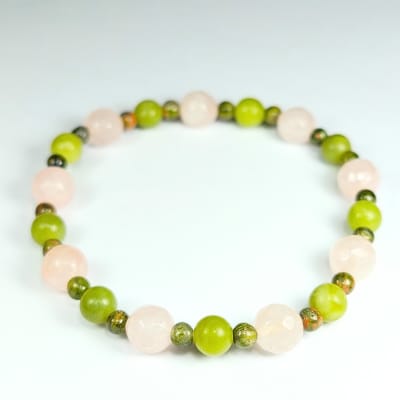Pulsera Intercalada De Cuarzo Rosa Claro, Serpentina Verde Y Unakita en Perlas desde 4 mm