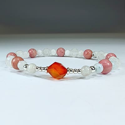 Pulsera Intercalada De Ágata Cornalina, Cuarzo Rosa Claro Y Rodonita Rosa en Perlas Facetadas desde 4 mm