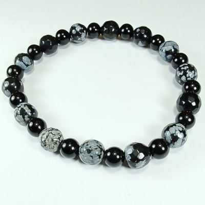 Pulsera Intercalada De Obsidiana Nevada Y Obsidiana Con Destellos Plateados en Perlas desde 6 mm1