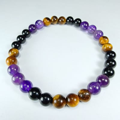 Pulsera Intercalada De Turmalina Negra, Cuarzo Amatista Y Ojo De Tigre en Perlas de 6 mm