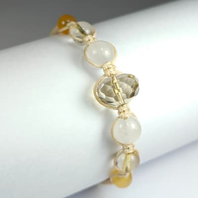 Pulsera Tejida Crema De Cuarzo Limón, Cuarzo Blanco Y Cuarzo Ahumado