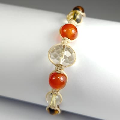 Pulsera Tejida Crema De Cuarzo Limón, Ágata Cornalina Y Cuarzo Ahumado1