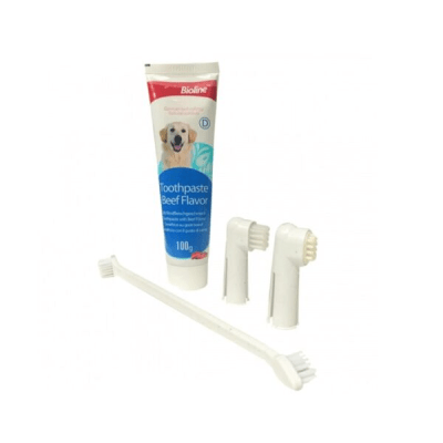 SET HIGIENE DENTAL SABOR POLLO BIOLINE ( PASTA DENTAL + CEPILLOS)