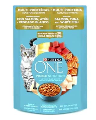 PURINA ONE SOBRE GATO SABOR SALMON, ATUN Y PESCADO BLANCO1