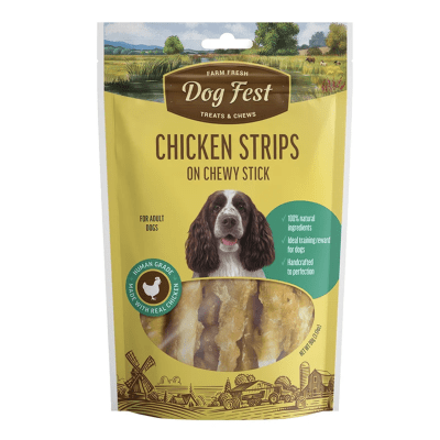 DOG FEST CHICKEN STRIPS ON CHEWY STICK PARA PERROS ADULTOS 90g1