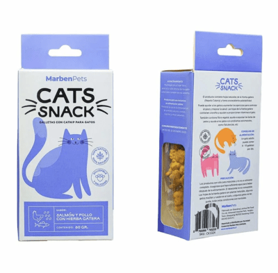 CATS SNACK MARBENPETS CON SABOR SALMON Y POLLO CON HIERBA GATERA 80gr