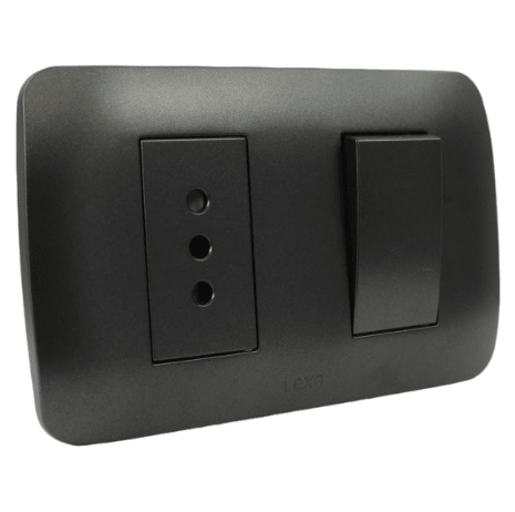 INTERRUPTOR SIMPLE 9/12 MAS TOMA CORRIENTE 10A 250V GRAFITO ARMADO LEXO1
