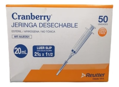 Jeringa 20 ML Luer Slip Con Aguja 21g x 1 1/2                                               