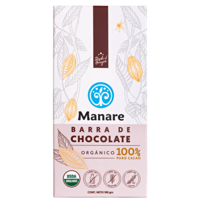 Barra chocolate Manare 100% cacao orgánico 100G.