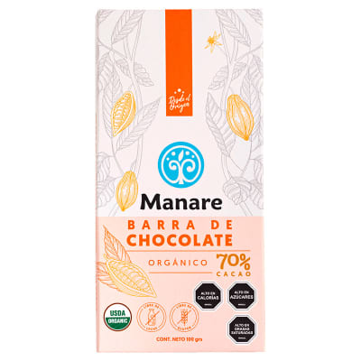 Barra chocolate Manare 70% cacao orgánico 100 g.