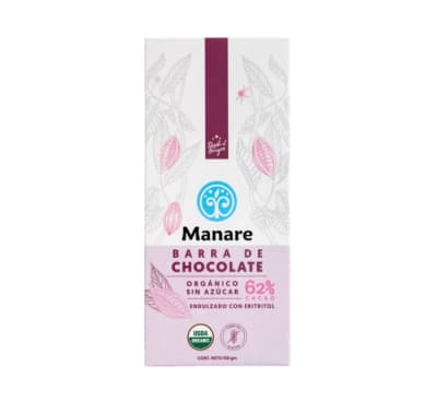 Barra chocolate 62% cacao orgánico SIN AZÚCAR