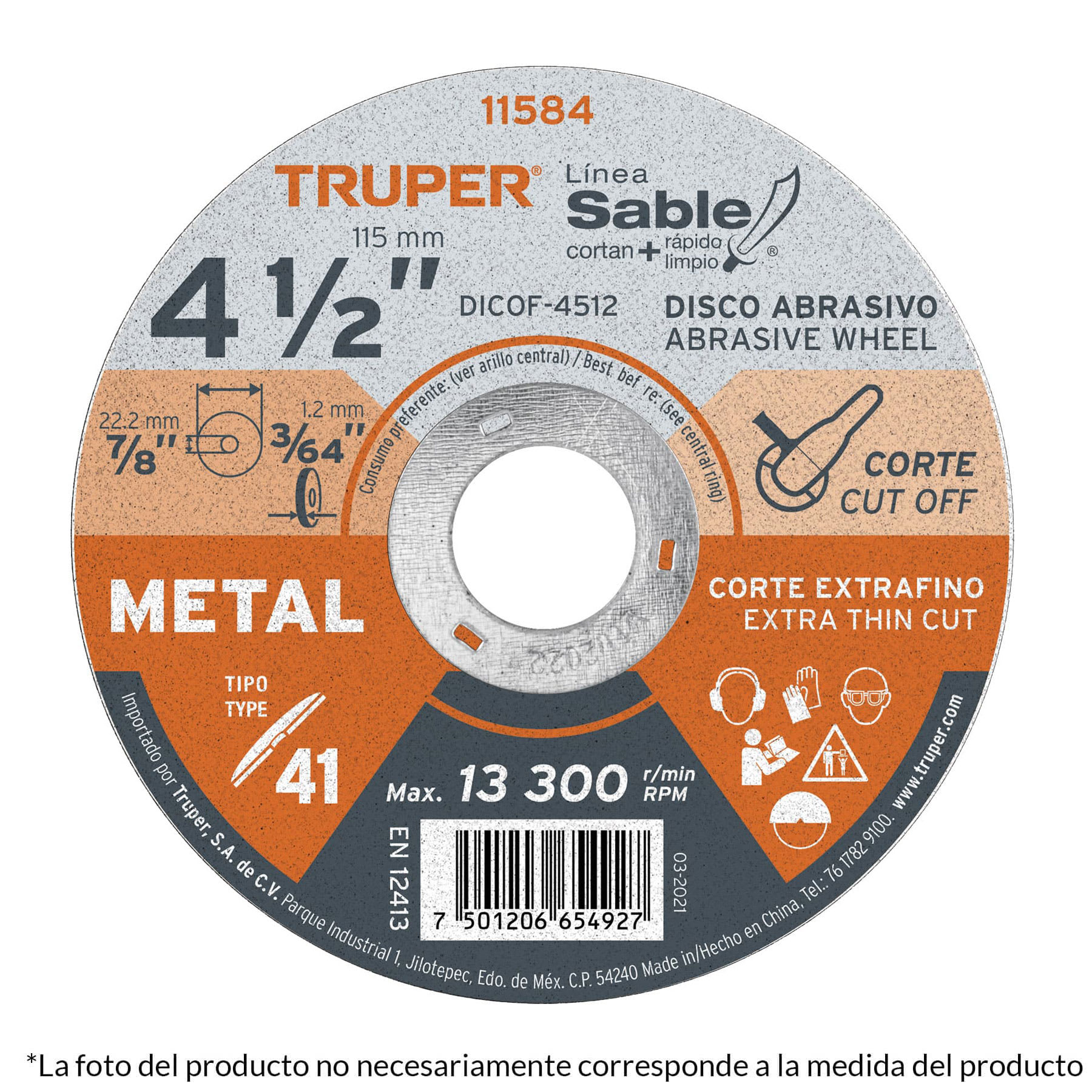 DISCO ABRASIVO PARA CORTE EXTRAFINO DE METAL, LINEA SABLE 1 MM X 4 1/2" 12545 TRUPER