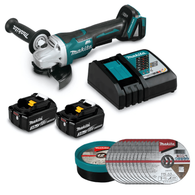KIT ESMERIL ANGULAR 4-1/2” + 2 BATERIAS 18V 3.0AH + 1 CARGADOR RÁPIDO  + 10 DISCOS 1MM (DGA458RFE-2) - MAKITA
