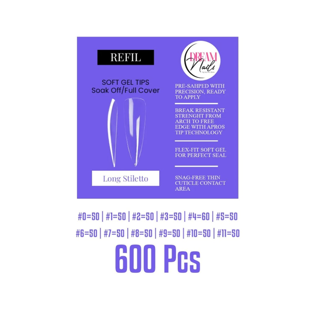 Tips Soft Gel Bolsa Long Stiletto Dream Nail 600unid1