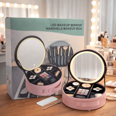 MALETA DE MAQUILLAJE REDONDO CON ESPEJO LED