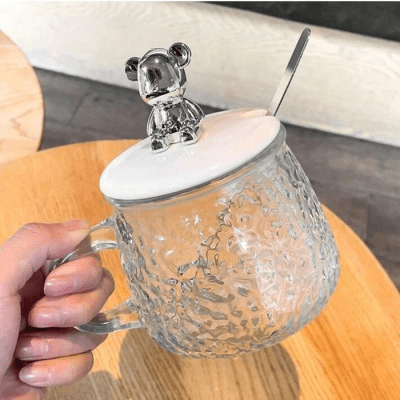 TAZA DE VIDRIO CON TAPA OSITO