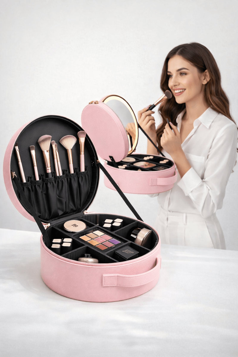 MALETA DE MAQUILLAJE REDONDO CON ESPEJO LED1