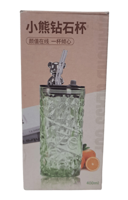 VASO VIDRIO CON TAPA Y BOMBILLA 400ML