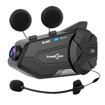 Manos libres para casco moto freedconn R1 Pro camara 2k bluetooth intercomunicador 6 vias 1000mts radio FM