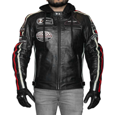 Chaqueta moto armad skull cuero con capucha vintage edicion limitada1