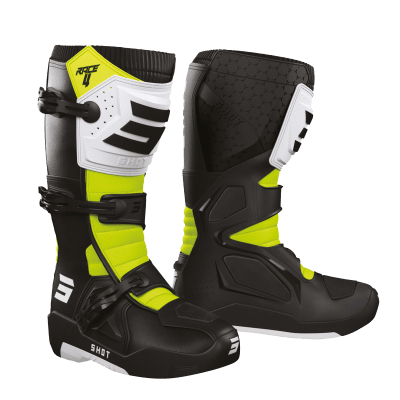 Botas moto shot race 4 black white neon yellow motocross enduro
