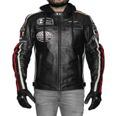 Chaqueta moto armad skull cuero con capucha vintage edicion limitada