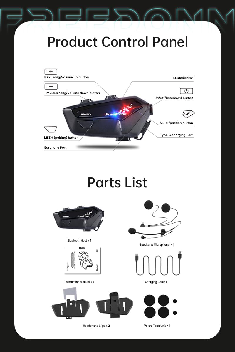 Manos libres freedconn FX pro para casco moto IP67 intercomunicador mesh 6 vías10