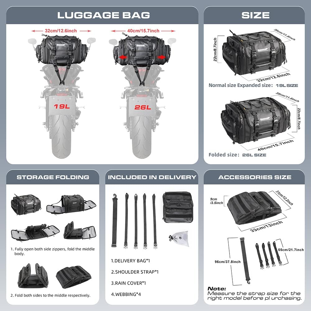 Bolso de cola para moto Rhinowalk MT4026 expandible de 19 a 26 litros impermeable9