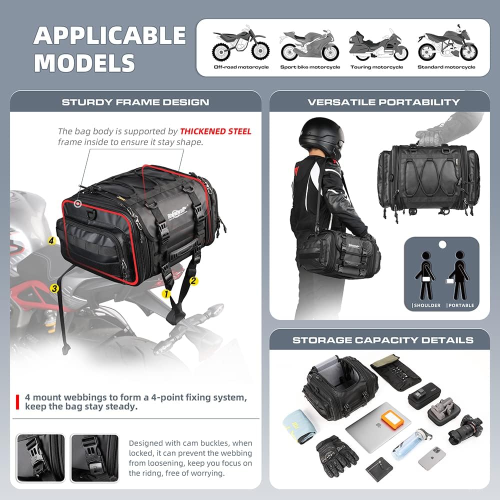 Bolso de cola para moto Rhinowalk MT4026 expandible de 19 a 26 litros impermeable10