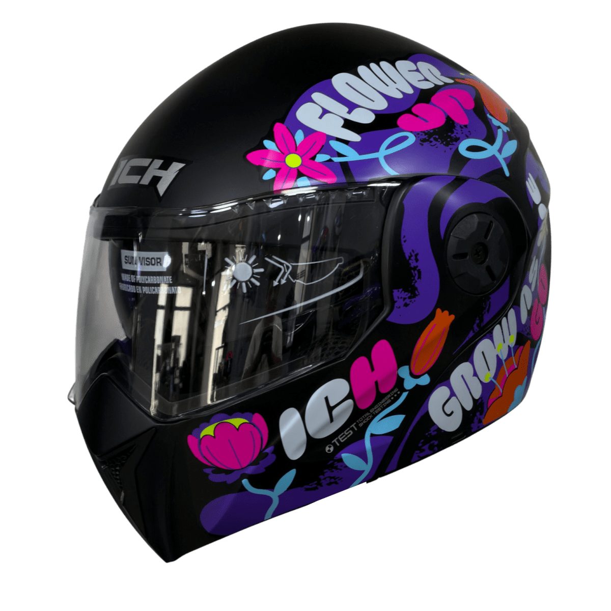 Casco moto ich 3110 jr flower up fc abatible  con sun visor certificación dot2