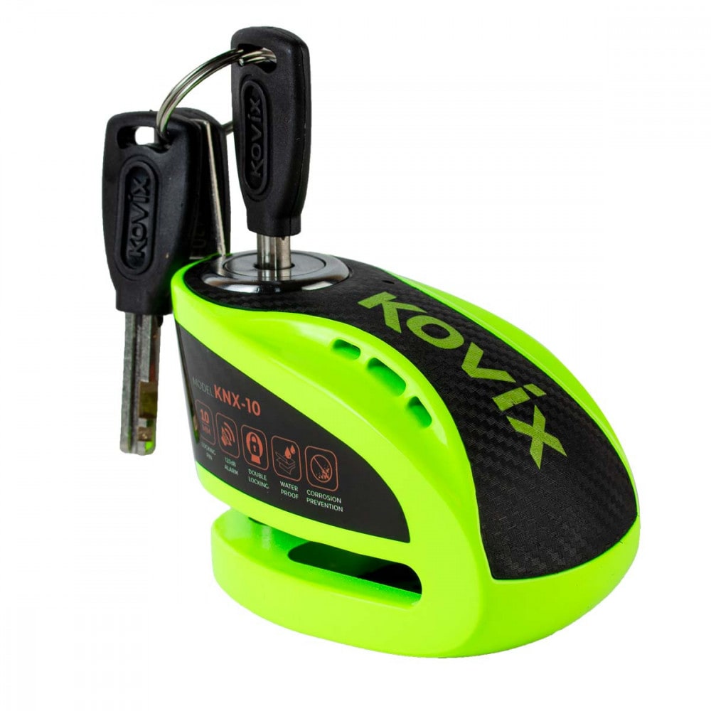 Candado disco para moto kovix knx10 verde fluor con alarma 120db seguro de 10mm con doble lock2